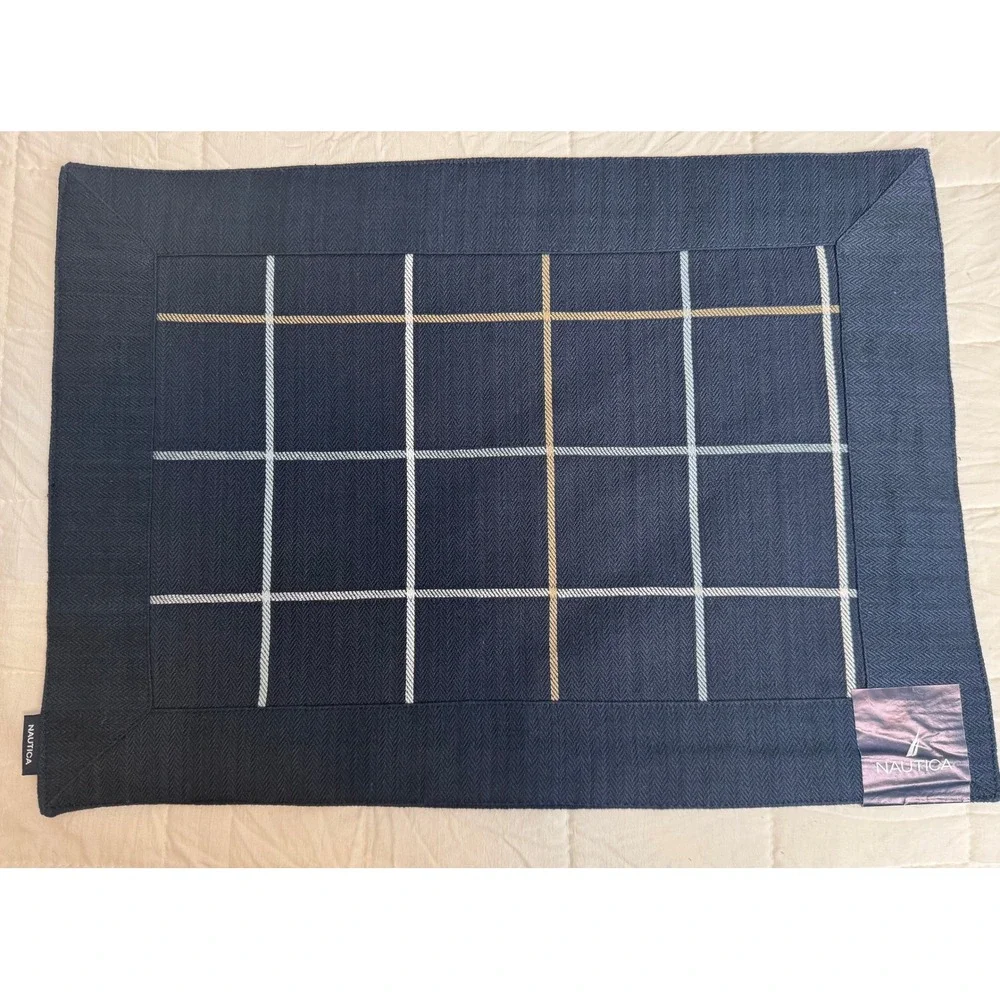 Nautica Navy Blue Windowpane Cotton Placemats Set of 4 Herringbone Compound‎